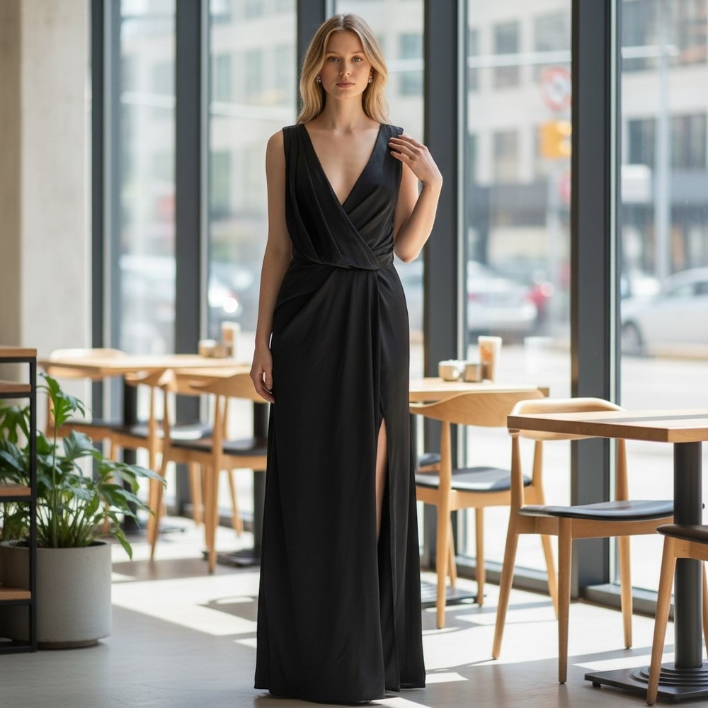 Fame and Partners Black Satin Cross Back Floor Length Gown New Classy Sz 4 LBD